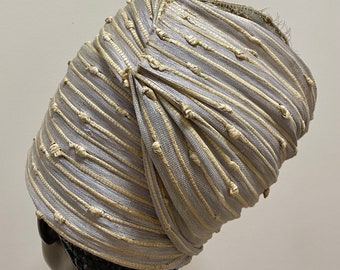 Beige Knotted Jinsin Straw Turban Style Hat with Cowrie Shells and Crystals beads. One of a Kind, Only One #5A 23 to 23 1/2”headsize.