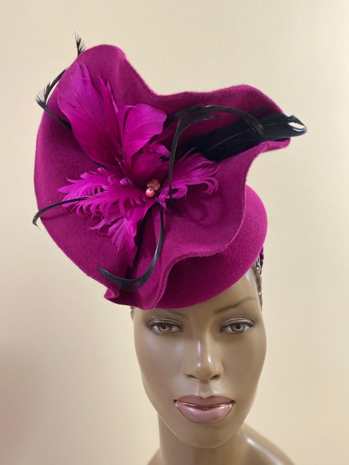 Raspberry Velour Fascinator With Feathers Beads on a Etsy