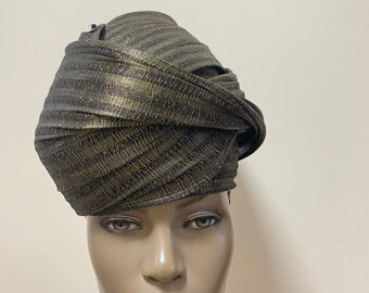 Black/Gold Jinsin Straw Turban Style Hat. #3KA 22 1/2”/22 5/8”
