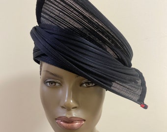 Black Jinsin Straw-Sculpture-Open Crown-Unique Hat-Fancy Black and Red Ribbon-Crushable-Easy to Pack-Stylish #4KA 23 1/2”/24”