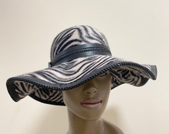 Causal or Dressing Zebra Strip Long Hair Fur Felt Floppy Hat with black leather novelty band and piping on brim Medium Size
