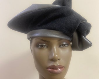 Carrie Stylish Beret- Grey Wool & Dark Silver Leather- All Occasion Hat Fall/Winter Can Dress Up or Down Original Design Hand Made in NY 23”