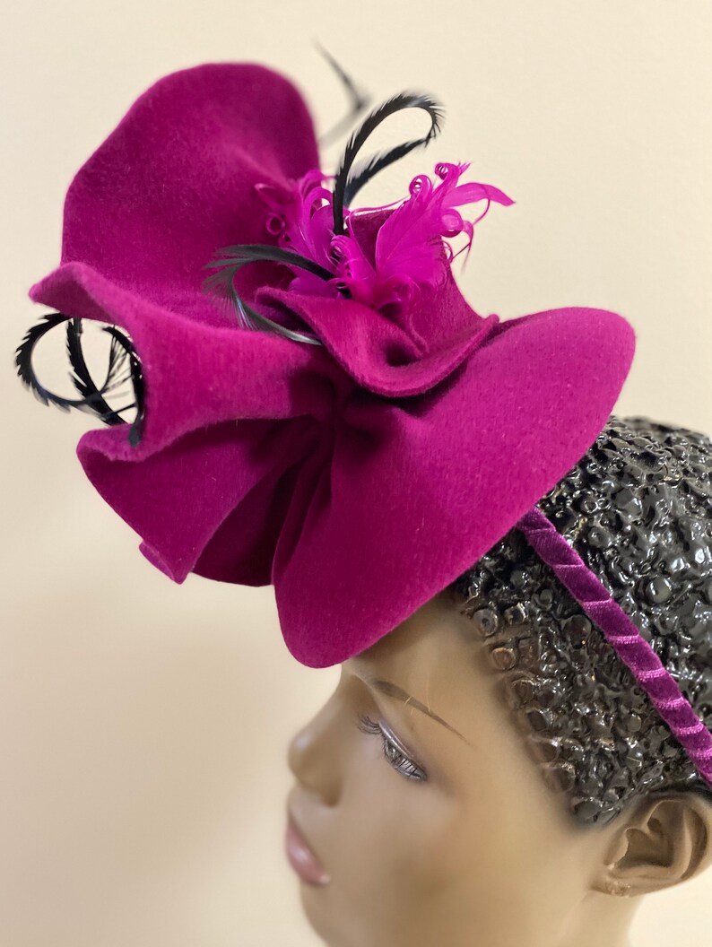 Raspberry Velour Fascinator With Feathers Beads on a Etsy
