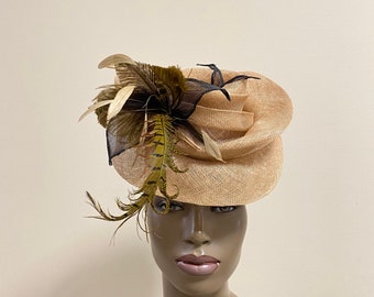 Beige sinamay straw swirl mini hat with feathers trim, beads unique only one with matching beaded mask #15KA