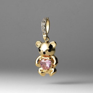 14K Gold Teddy Bear CZ Heart Pendant Necklace – Unisex Gold Charm – Cute Animal Pendant for Gold Chain