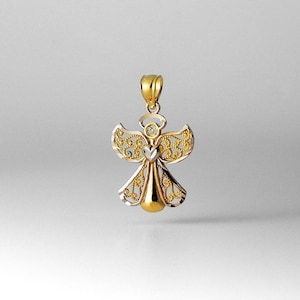 May include: A gold angel pendant with intricate details. The angel is made of two-toned gold, with a yellow gold body and white gold wings.