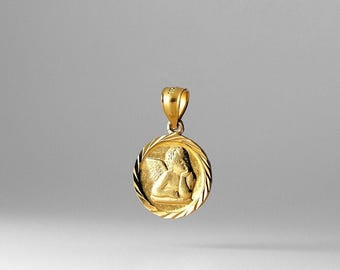 14k Gold Religious Angel Medal Pendant Charm- Real Gold Angel Necklace Charm
