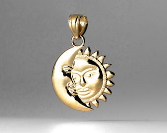 14k Gold Moon and Sun Pendant Charm- Real Gold Shiny Moon and Sun Necklace Charm