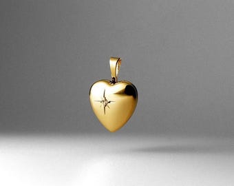 14k Gold Heart Locket Pendant Charm- Real Gold Small Heart Locket Necklace Charm With Stone