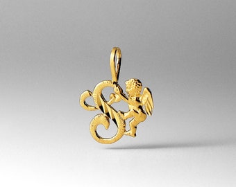 14k Gold "S" Initial Angel Pendant Charm- Gold S Initial Angel Necklace Charm