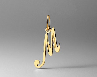 14k Gold "M" Initial Cursive Pendant Charm- Gold Initial "M" Necklace Charm