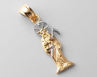 14k Gold Santa Muerte Saint Pendant Charm- Real Yellow and White Gold Santa Muerte Saint Necklace Charm