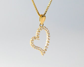 14k Gold Open Heart Stones Pendant Charm- Real Gold Open Heart Necklace Charm