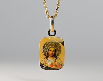 14k Gold Jesus Heart Enamel Plate Pendant Charm- Real Gold Jesus's portrait Necklace Charm