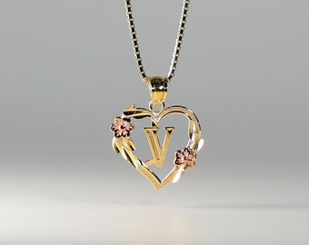 14k Gold "V" Initial Heart and Rose Pendant Charm- Gold Heart Initial V Flower Necklace