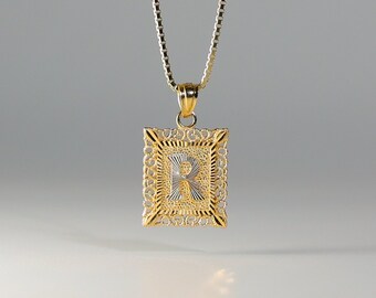 14k Gold "R" Initial Square Pendant/Charm- Gold R Initial Chain Necklace