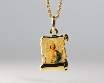 14k Gold St. Jude Enamel Plate Pendant Charm- Real Gold St. Jude Pendant Necklace Charm