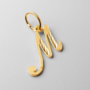 14k Gold "M" Initial Cursive Pendant Charm- Gold Initial "M" Necklace Charm