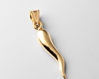 14K Gold Solid Italian Horn Pendant Necklace: Sleek Good Luck Charm
