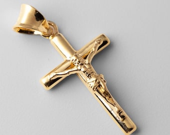 Dije colgante de cruz de crucifijo de oro de 14 k - Dije de collar de cruz de crucifijo brillante de oro auténtico