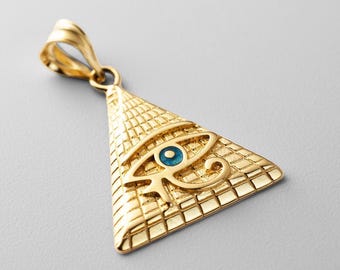 14K Gold Eye of Horus Egyptian Pyramid Pendant Necklace – Two-Tone Protection Symbol – Unique Gift for History and Spirituality Lovers