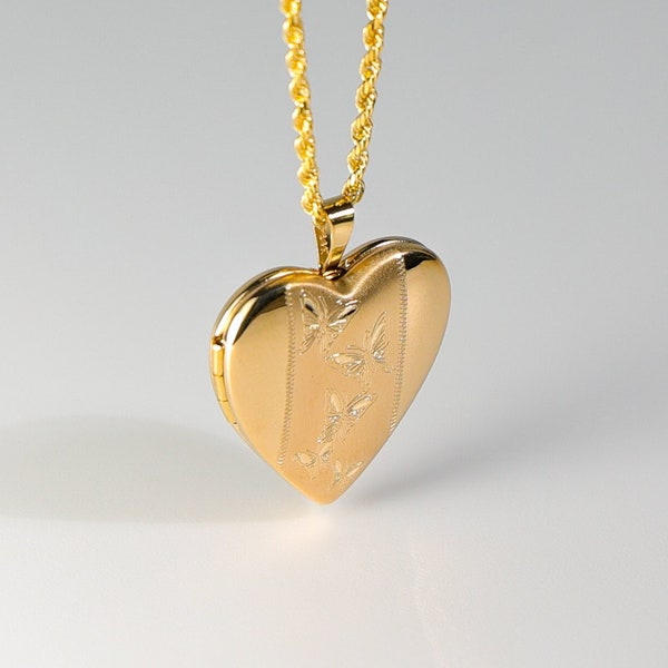 14k Gold Heart Locket With Butterflies Embossed Pendant Charm- Gold Large Heart Locket Necklace Charm For Her