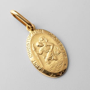 14k St. Christopher Gold Medal Pendant Charm- Real Gold St. Christopher Oval Medal Necklace Charm