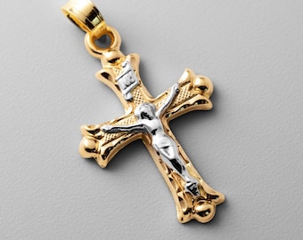Dije colgante de cruz de crucifijo de oro de 14 quilates: collar de cruz de crucifijo católica de lujo de oro auténtico