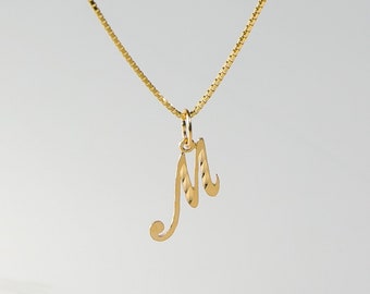 14k Gold "M" Initial Cursive Pendant Charm- Gold Initial "M" Necklace Charm