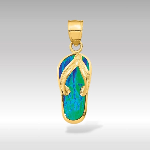 14K Gold Polished 3D Flip Flop Pendant with Created Blue Opal - Real Gold Beach Necklace Charm - Gold Flip Flop Charm