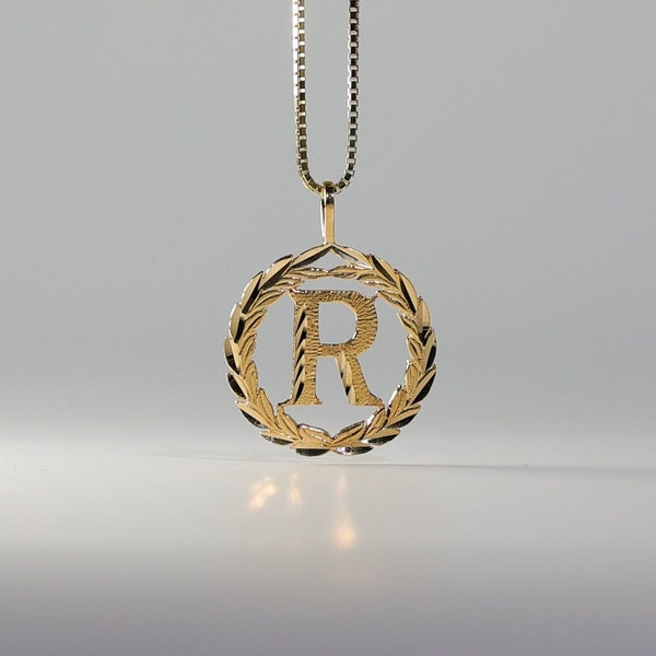 14k Gold "R" Initial Wreath Pendant Charm- Gold R Initial Necklace Charm