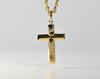 14k Yellow Gold Cross Pendant Charm: Minimalist Religious Necklace