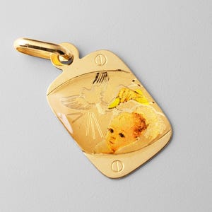 14k Gold Baby Baptism Enamel Plate Pendant Charm- Real Gold Baptism Enamel Necklace Charm