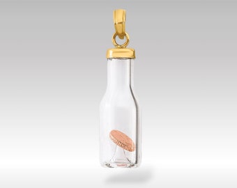 14K Gold 3D Mini Penny in Glasflasche Anhänger Charm – Echtgold Einzigartiger Halskette Charm – Echtgold Glasflaschenanhänger