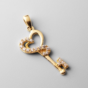 14k Gold Key To My Heart Pendant Charm- Real Gold Key with Heart Necklace Charm