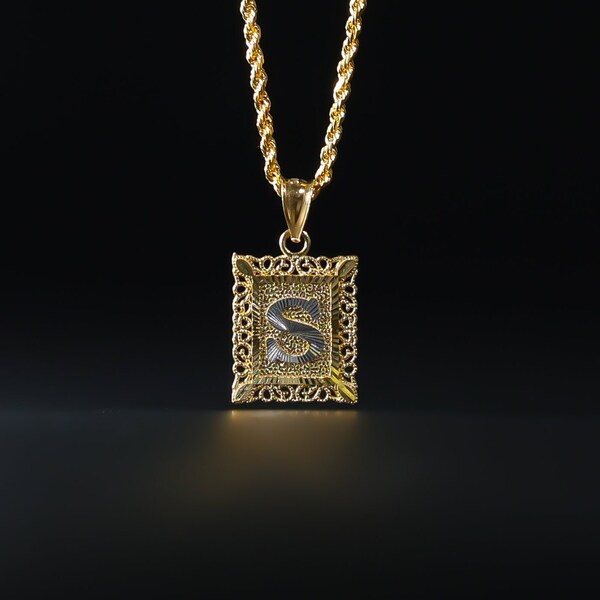 14k Gold "S" Initial Square Pendant/Charm- Gold S Initial Chain Necklace