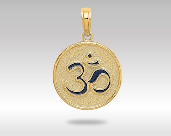 14K Gold Om With Lotus Flower on Reverse Side Pendant Necklace - Spiritual Charm - Lotus Flower Design on Reverse - Yoga Meditation Jewelry