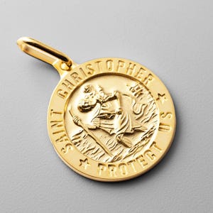 14k St. Christopher Gold Medal Pendant Charm- Real Gold St. Christopher Large Medal Necklace Charm