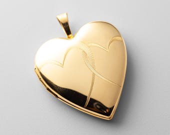 14k Gold Heart Locket Pendant: Embossed Double Heart Charm