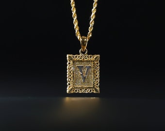 14k Gold "V" Initial Square Pendant/Charm- Gold V Initial Chain Necklace