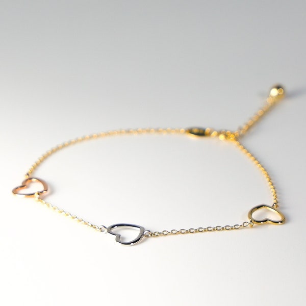 14K Gold Heart Bracelet- Real Gold Open Hearts Bracelet- Gold Heart Bracelet