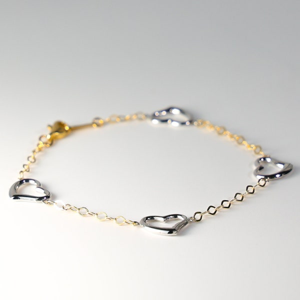 14K Gold Open Hearts Bracelet- Dainty Gold Multiple Hearts Bracelet- Gold Heart Bracelet