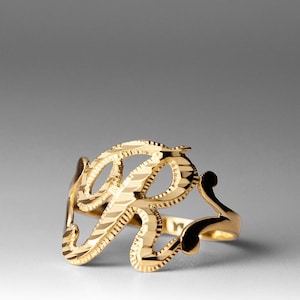 14K Solid Gold Initial Ring - Cursive Letter R