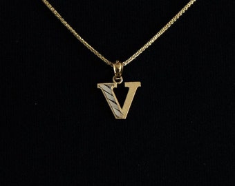 14k Gold "V" Initial Pendant Charm- Gold Block V Initial Necklace Charm