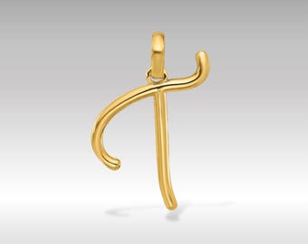 May include: A gold-coloured pendant in the shape of the letter "T". The pendant has a polished finish and a loop at the top for a chain. The design is a stylized, cursive font.