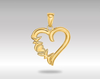 May include: A gold pendant in the shape of a heart, with a smaller heart and starburst design inside. The pendant has a loop at the top for a chain. The jewelry is made of shiny, yellow gold.