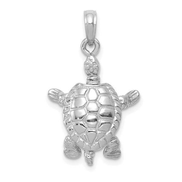 14K White Gold 3D Moveable Turtle Polished Necklace Pendant - Medium Lifelike Turtle Charm - Elegant Ocean Jewelry