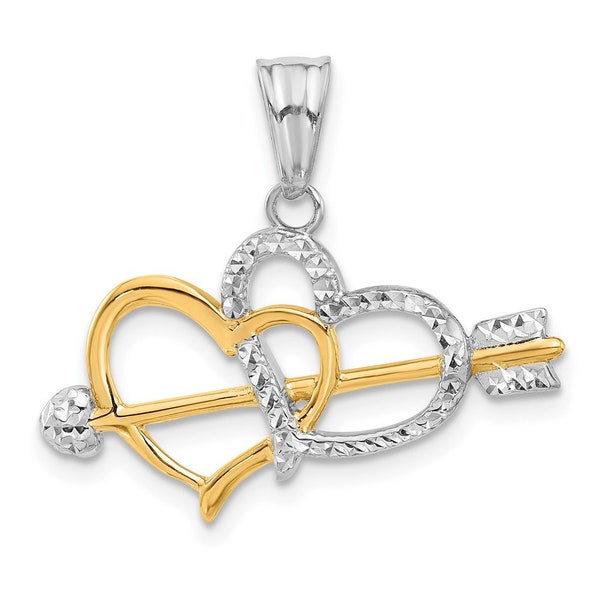 14K Gold Dual Heart Arrow Pendant - Twin Hearts with Arrow Necklace - Entwined Hearts Gold Charm