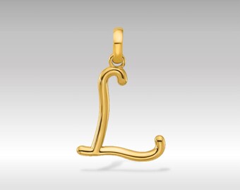 May include: A gold-coloured pendant in the shape of the letter "L". The pendant has a loop at the top for attaching to a chain. The letter is stylized with a flowing, cursive design.