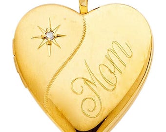 14k Gold Heart Locket: Engraved 'Mom' Pendant Charm